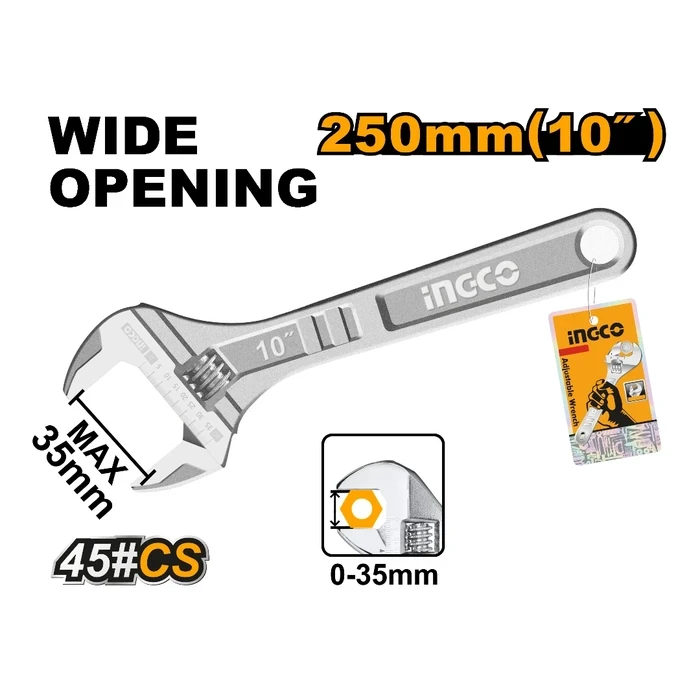 INGCO 10" / 250mm Professional Adjustable Wrench | Heavy-Duty Forged Steel Shifter Spanner with 0-30mm Wide Jaw Capacity & Precision Measurement Scale | HADW131102