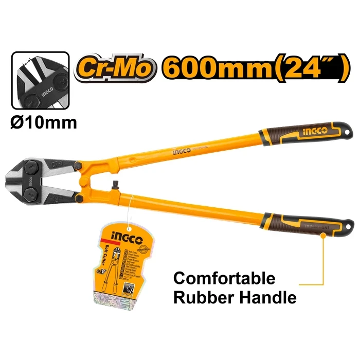 INGCO 24" Professional Heavy-Duty Bolt Cutter | Premium Chromium-Vanadium Cr-V Blade Shearing Tool with Black Polished Finish & Anti-Slip TPR Two-Color Handle | HBC0824