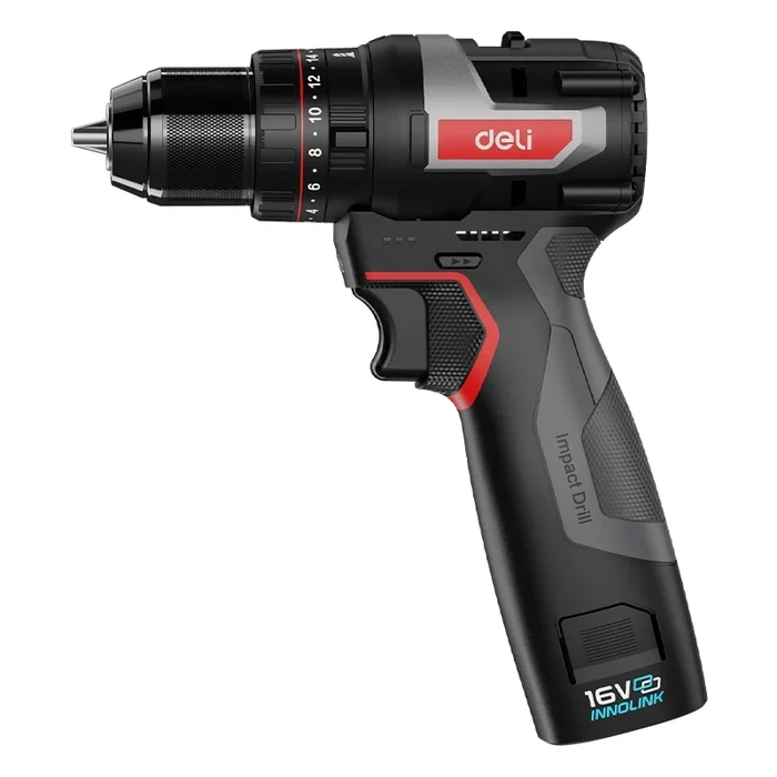 Deli Tools 16V Brushless Cordless Impact Drill Set 45Nm High Torque 2-Speed Hammer Driver with 10mm Keyless Chuck & 2x 2.0Ah Batteries | EDE-CZ16-1D2