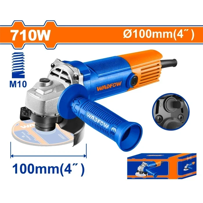 Wadfow 710W Heavy Duty 100mm Angle Grinder Machine | 12000RPM High Speed Electric Metal Cutter & Weld Seam Smoother | M10 Spindle with Auxiliary Handle | WAG35762