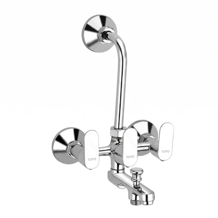 Toyo 3-in-1 Wall Mixer with Long Bend Pipe, Hand Shower Provision, Connecting Legs & Wall Flanges | Solid Brass Multi-Outlet Shower System | CO-52111