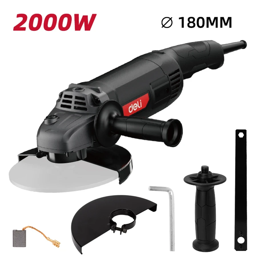 Deli 2000W 7" (180mm) Professional Heavy-Duty Angle Grinder (8500 RPM) | Pure Copper Motor with Ergonomic Soft Grip, Spindle Lock & Burst-Proof Guard (Red) | EDE-JM180-1E