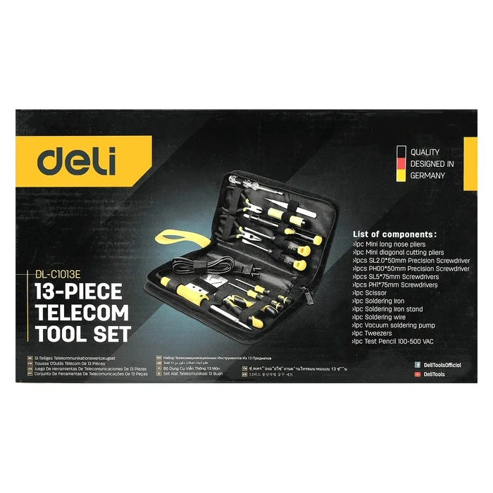 Deli 13-Piece Professional Electrician & Electronics Tool Set | Heavy-Duty Soldering Iron Kit, Desoldering Pump, Precision Pliers, Test Pencil & Screwdrivers | EDL-C1013E