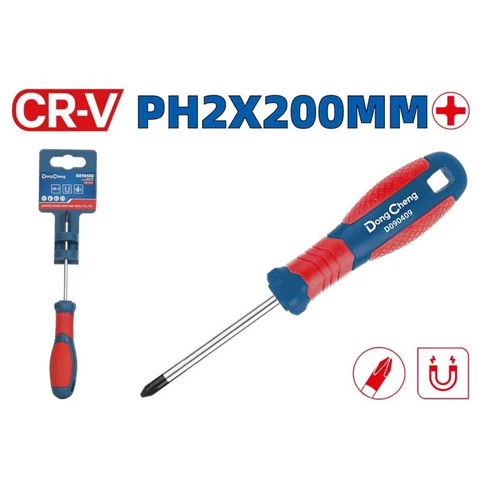 Dongcheng PH2x200mm Heavy Duty Magnetic Phillips Screwdriver | Premium Cr-V Steel Round Shank Cross-Head Driver with Two-Color Ergonomic Handle | DG Series