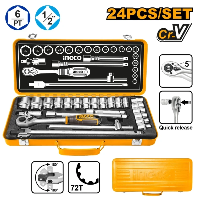 INGCO 24-Piece Professional 1/2" Drive Socket Set | Heavy-Duty Forged Cr-V Steel Sockets 10-32mm with Quick Ratchet, Flex Breaker Bar, Extensions & Heavy Metal Case | HKTS12242