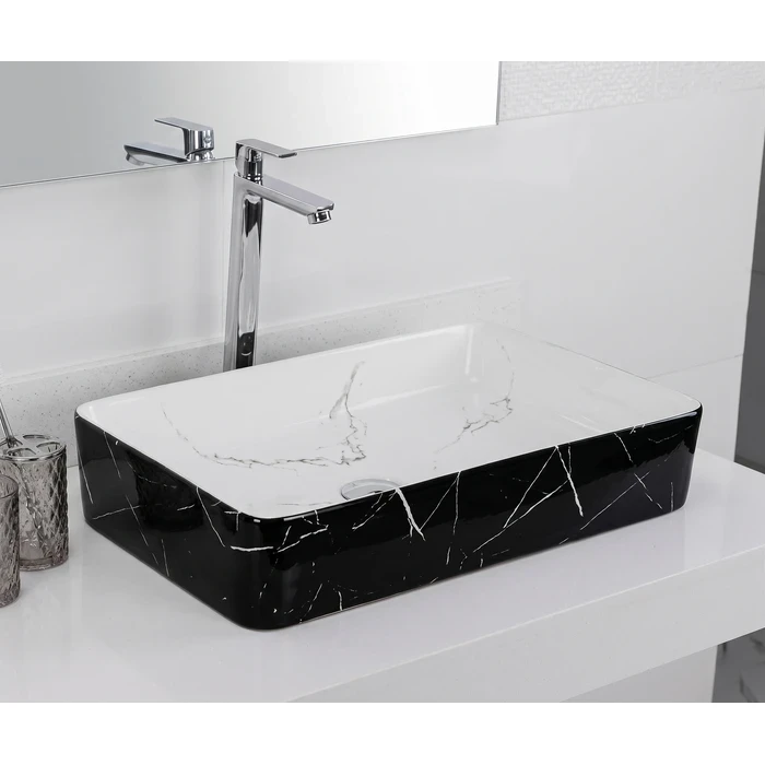 Toyo Holly-473 Ceramic Countertop Art Basin 13.5"x24" | White & Black Marble Double Finish Premium Profile | Stain Resistant Easy to Clean Bathroom Wash Basin | 610x345x110mm
