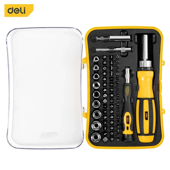Deli 65PCS Professional Precision Screwdriver Set | Premium Magnetic CR-V Steel Bit Kit with Non-Slip Rotating Cap Handle, Extension Shaft & Compact Case | EDL3565