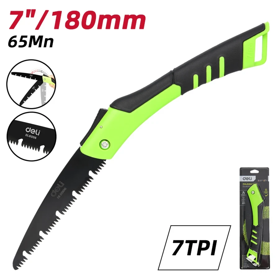 Deli Heavy-Duty Folding Saw 180mm (7") 65Mn Steel Blade with Triple-Ground Quenched Teeth & Safety Lock for Pruning & Camping (Green) | EDL6006