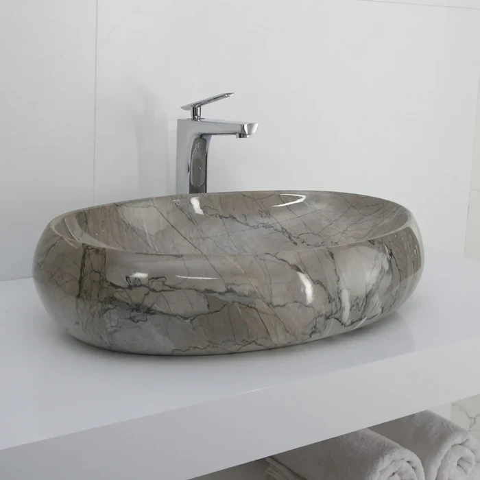 Toyo Rose-117 Ceramic Countertop Art Basin 16"x24" | Light Grey Marble Glossy Premium Finish | Stain Resistant Easy to Clean Bathroom Wash Basin | 600x400x160mm