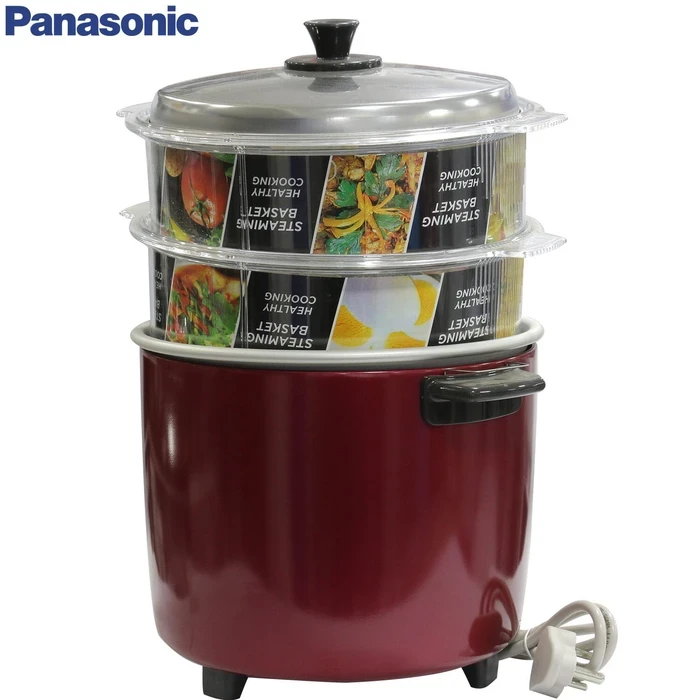 Panasonic 2.2L Automatic Drum Electric Cooker with Double Steaming Basket | Premium Anodized Aluminium Pan | 750W Auto Keep Warm & Cut-Off | Model SR-WA22(H)SS