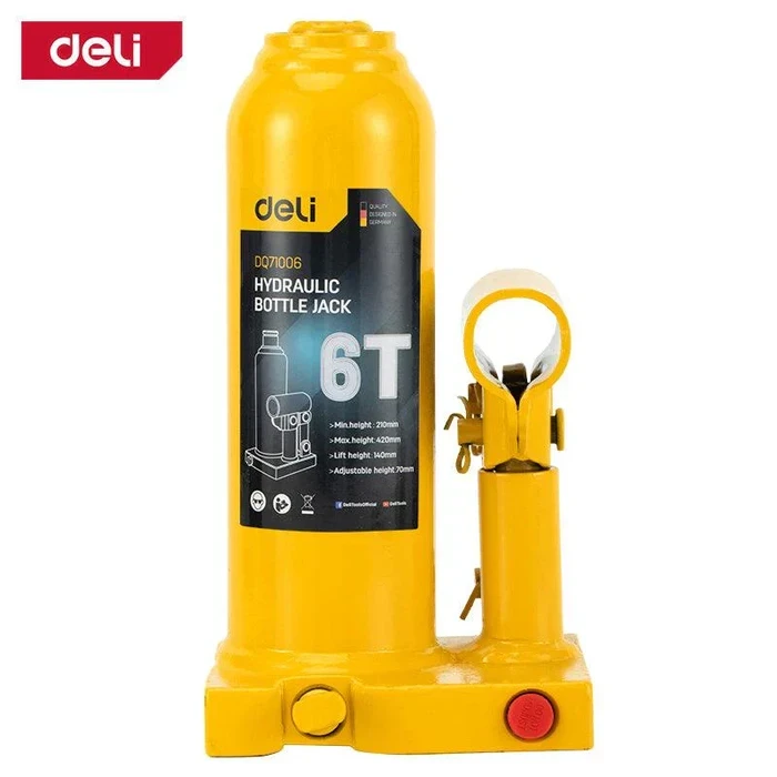 Deli Tools 6-Ton Hydraulic Bottle Jack | Heavy-Duty Welded Steel Auto Lift with Safety Valve (210mm - 420mm) | EDQ71006