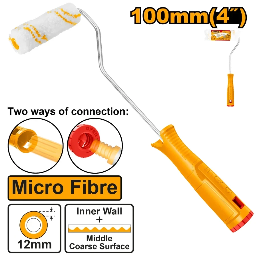 INGCO 100mm Microfibre Mini Cylinder Paint Roller for Inner Walls | High-Absorbency Lint-Free Sleeve & Compact Handle | HRHT281002