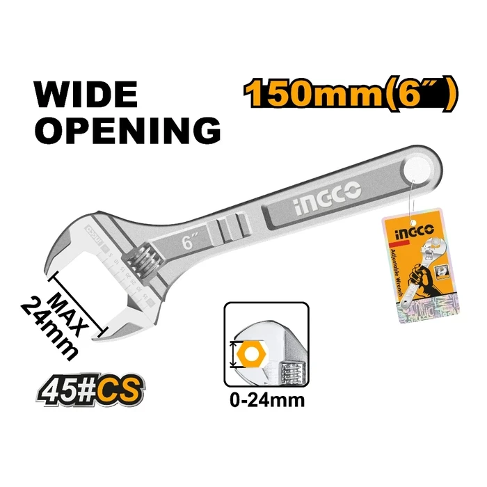 INGCO 6" / 150mm Professional Adjustable Wrench | Heavy-Duty Forged Steel Shifter Spanner with 0-19.2mm Jaw Capacity & Precision Measurement Scale | HADW131062