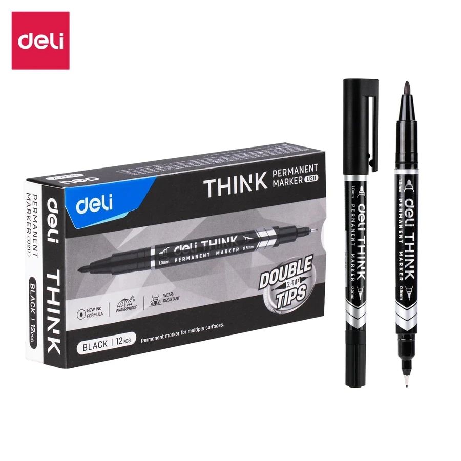 Deli Permanent Marker Bulk Pack | 12-Piece High-Opacity Bleed-Resistant Drawing Paper Ink | Ergonomic Long-Lasting Art & Industrial Writing Set | Black & Blue | EU211