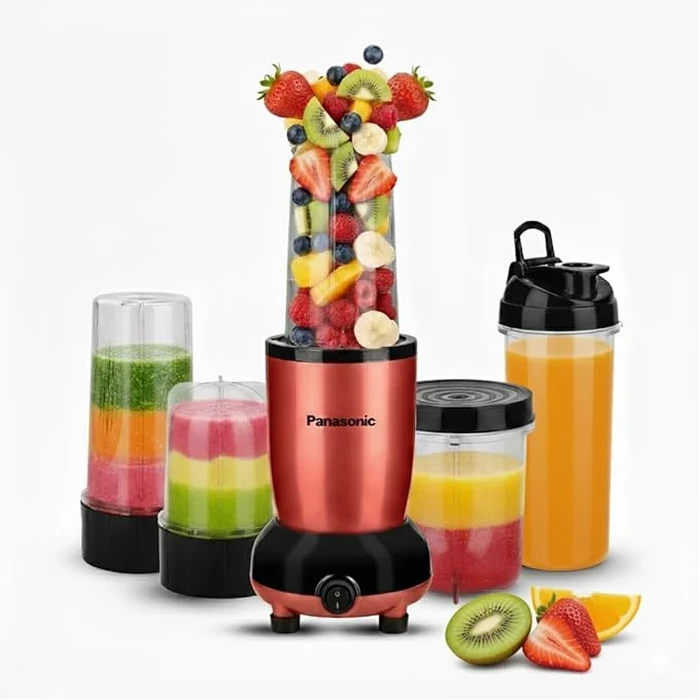 Panasonic 600W Nutri Blender and Grinder with 5 Dishwasher-Safe Jars | Hands-Free Twist Lock & Stainless Steel Extraction Blades | Premium Rustic Red Metallic Finish | Model MX-GA5350-RR