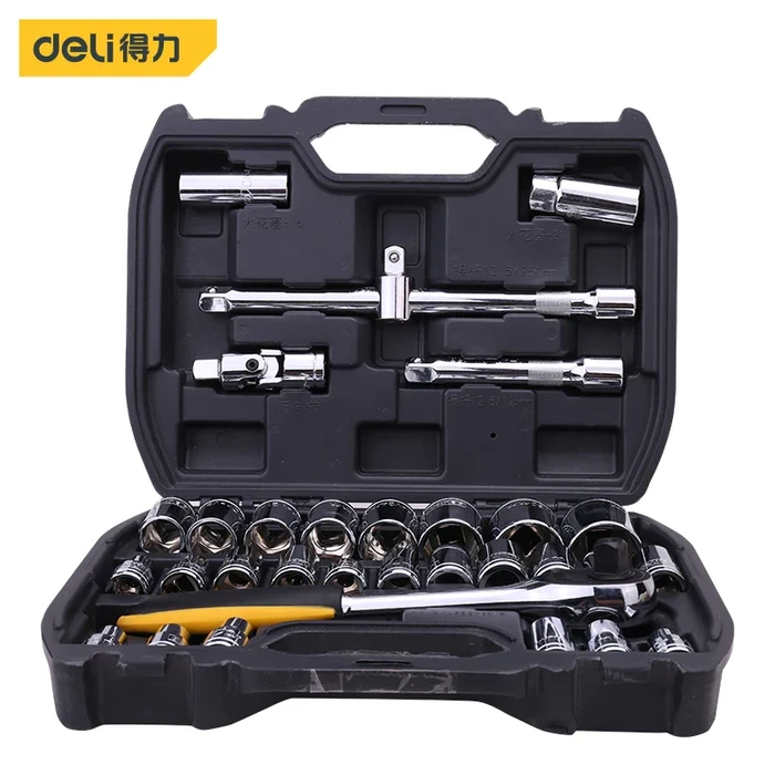 Deli 32PCS 1/2" Drive Metric Socket Set | Premium 50BV30 Cr-V Steel 8-32mm Wrench Kit with 12-Point Duodecagon Sockets, Extension Bars & Sturdy Case | EDL1032
