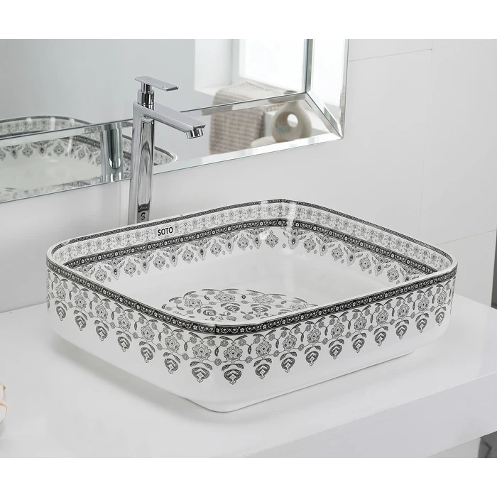Toyo Magno-482 Ceramic Countertop Art Basin 15.5"x20" | Traditional Flower Art Premium Patterned Finish | Stain Resistant Easy to Clean Bathroom Wash Basin | 500x390x140mm