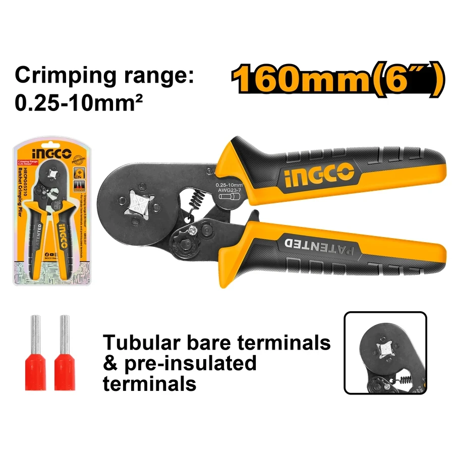 INGCO Professional Ratchet Wire Ferrule Crimping Plier (0.25–10mm² / AWG 23-7) | Self-Adjusting Square Terminal Crimper | HRCPG05210