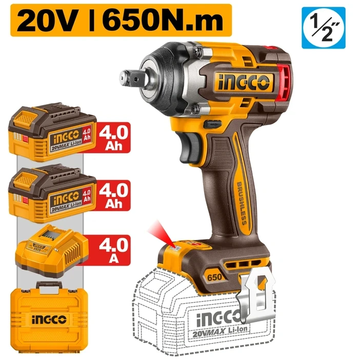 INGCO 20V Professional Brushless 1/2" Cordless Impact Wrench Kit | Heavy-Duty 650Nm Fastening & 800Nm Breakaway Torque with 2x 4.0Ah Batteries & Charger | CIWLI2065