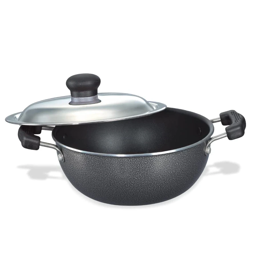 Prestige 30730 Omega Select Plus Flat Base Kadai 200mm | 3-Layer Metal Spoon Friendly Non-Stick | PFOA Free | SS Lid | Black