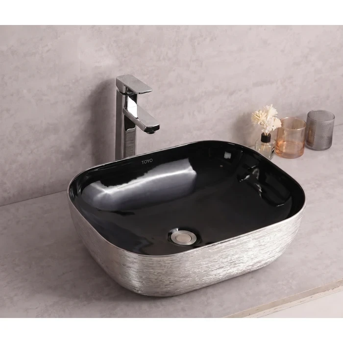 TOYO 20-Inch Counter Top Art Basin | Double-Fired Premium Vitrified Ceramic | Luxury Dual-Tone Black & Silver Metallic Finish | TOYO-704