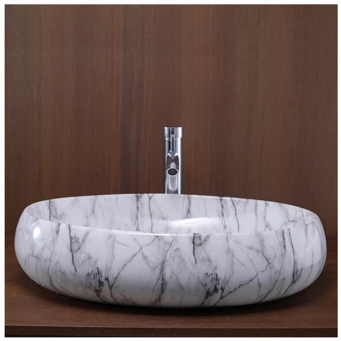 Toyo Rose-113 Ceramic Countertop Art Basin 16"x24" | White Marble Glossy Premium Finish | Stain Resistant Easy to Clean Bathroom Wash Basin | 600x400x160mm