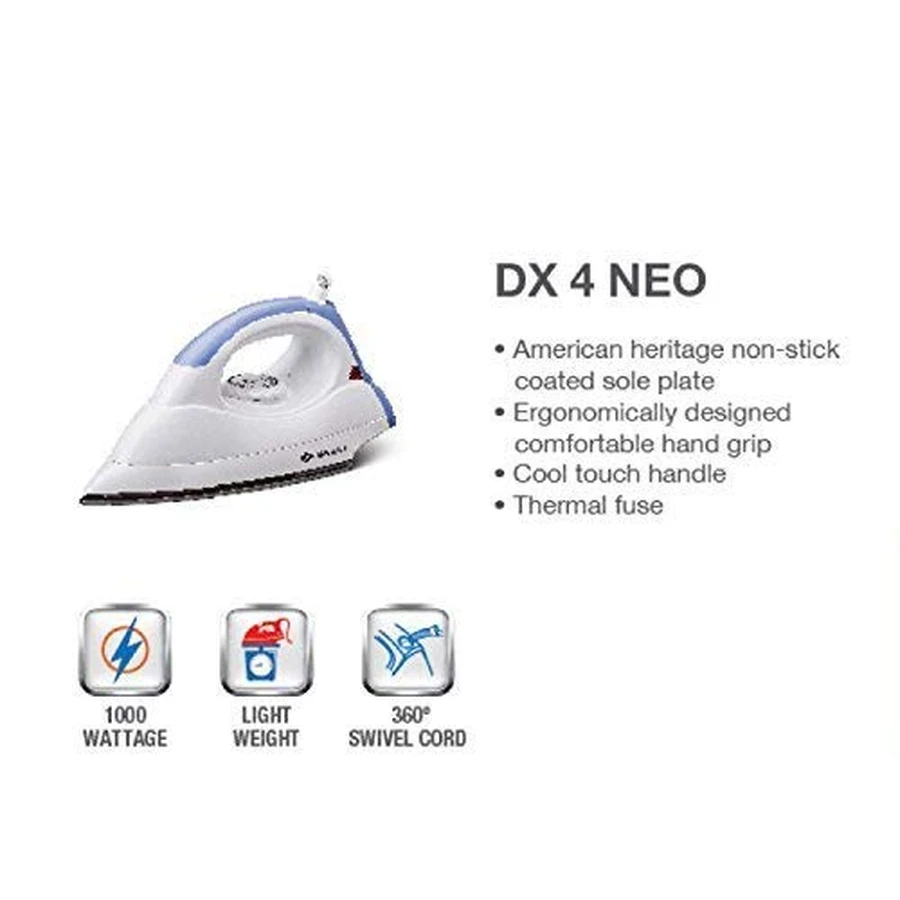 Bajaj 1000W Lightweight Dry Iron | American Heritage Teflon Coated Soleplate with 1.7m Cord & Compact Design | DX 4 Neo - 440325