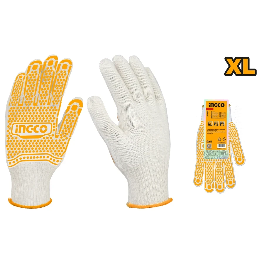 INGCO Professional Knitted PVC Dot Work Gloves | Extra-Large Class A Cotton Series 10-Gauge Anti-Slip Grip Gloves | HGVK05-XL