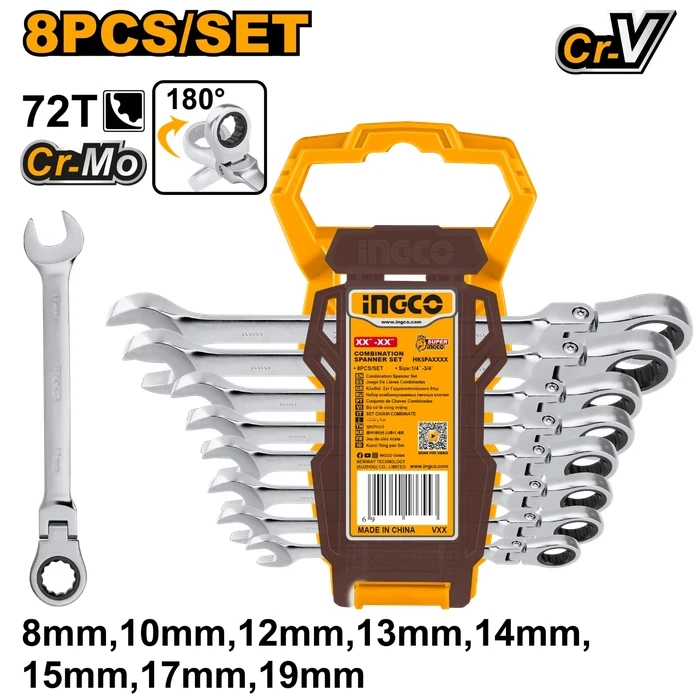 INGCO 8 Pcs Flexible Head Ratchet Spanner Set | Premium Cr-Mo 72-Tooth Box End & Fine Polished CR-V Metric Combination Wrench Kit 8mm to 19mm | HKSPAR1083