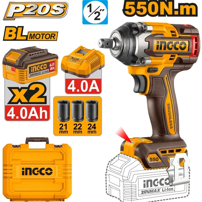 INGCO 20V Cordless Brushless 1/2" Impact Wrench | 700Nm High Breakaway Torque Nut Runner with 3-Speed Selector, Dual 4.0Ah Batteries, Charger & 3-Piece Heavy Socket Set | CIWLI2055