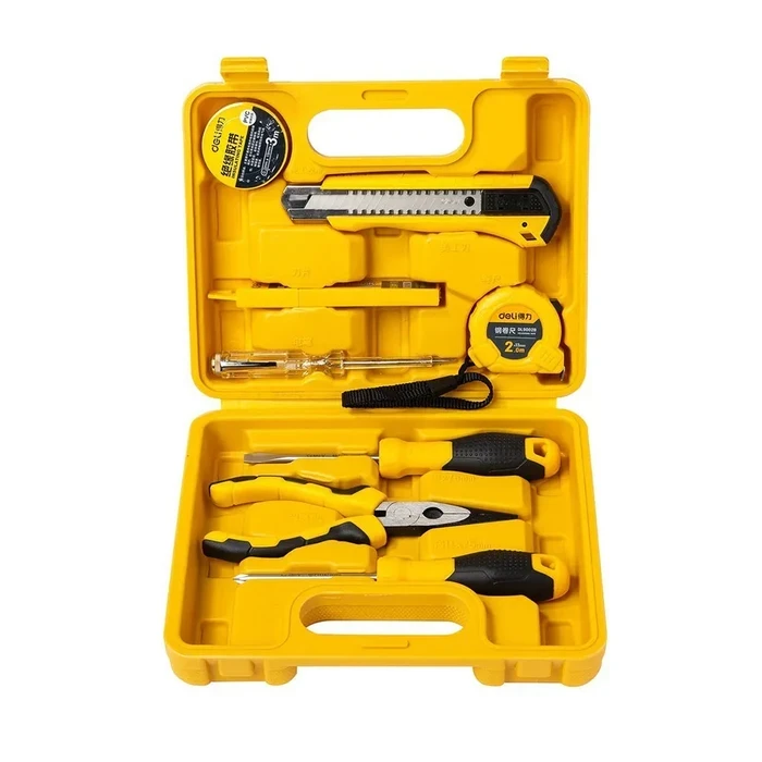 Deli 8PCS Household Hand Tool Set | 160mm Pliers, Magnetic Screwdrivers, 100-500V Voltage Tester, Retractable Knife & 10 Spare Blades with Case | EDL1008J