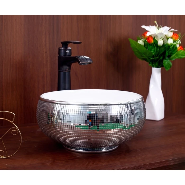 Toyo Tulip-225 Ceramic Countertop Art Basin 12"x12" | Luxury White & Silver Premium Finish | Stain Resistant Easy to Clean Bathroom Wash Basin | 310x310x160mm
