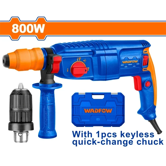 Wadfow 800W Variable Speed SDS-Plus Rotary Hammer Drill | 2.5J Impact 4000BPM Concrete Boring Machine with Tool-Free Keyless Quick-Change Chuck & 5 Pcs Accessory Kit | WRH1D26-2