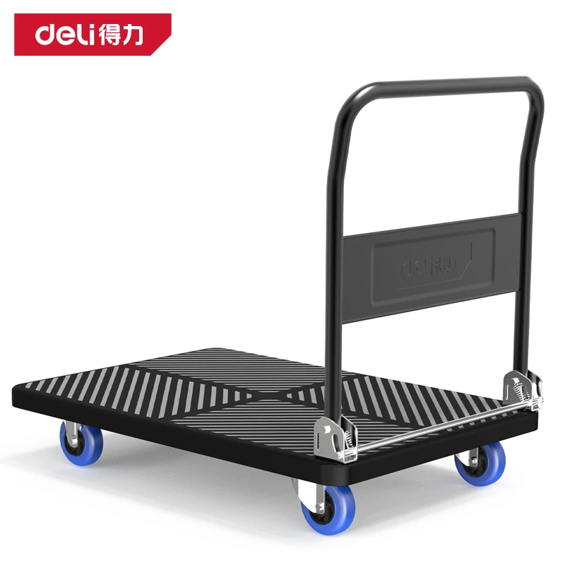 Deli 150kg Heavy-Duty Foldable Platform Flatbed Cart | Compact Anti-Slip Warehouse & Office Hand Trolley with Folding Steel Handle & Silent Casters (Black) | DL436150