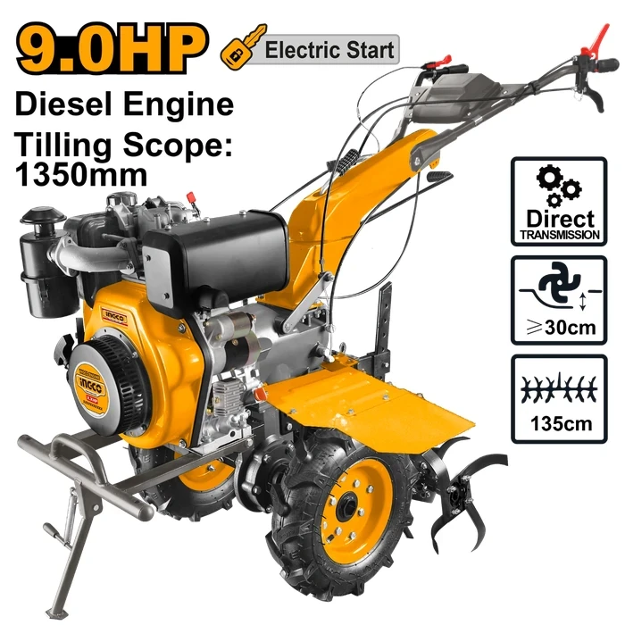 INGCO 9HP Heavy Duty Diesel Tiller | 6.6kW Direct Gear Drive Rotary Cultivator | 1350mm Tilling Width 300mm Depth | Dual Electric & Recoil Start Farm Machine | DC13501D