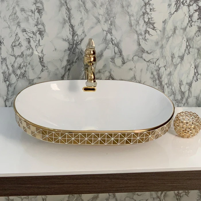 Toyo Suc-551 Ceramic Countertop Oval Art Basin 16"x24" | Luxury Metallic Golden Polished Finish | Stain Resistant Easy to Clean Bathroom Wash Basin | 64x41x6 cm