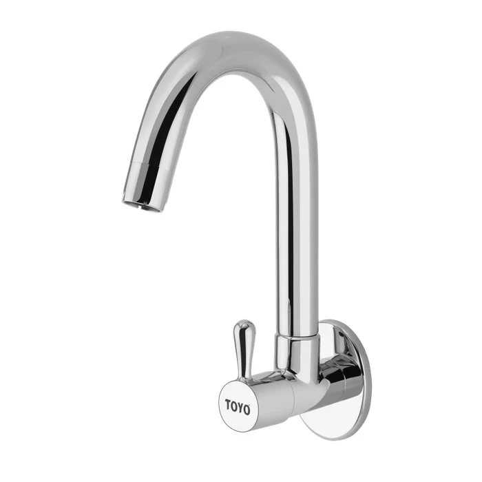 TOYO-BE-51625 Premium Wall Mounted Sink Cock | Solid Brass Kitchen Faucet with Regular 360-Degree Swinging Swivel Spout and Mirror Chrome Finish
