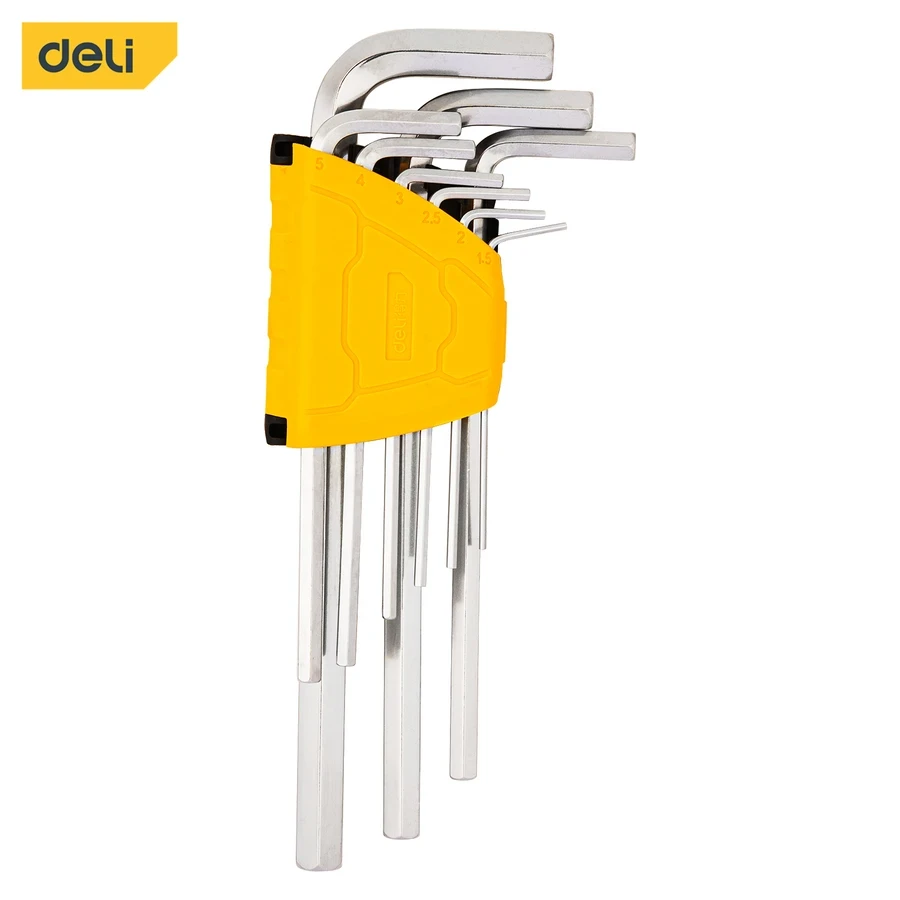 Deli 9-Piece Long Arm Flat End Hex Key Set (1.5mm to 10mm) Premium Cr-V Steel Chrome Plated with Laser Marking & Storage Organizer (Silver) | EDL3590
