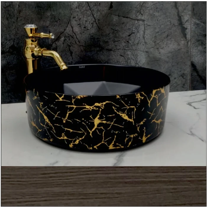 Toyo Lily-256 Ceramic Countertop Art Basin 16"x16" | Premium Black with Golden Line Finish | Stain Resistant Easy to Clean Bathroom Wash Basin | 405x405x145mm