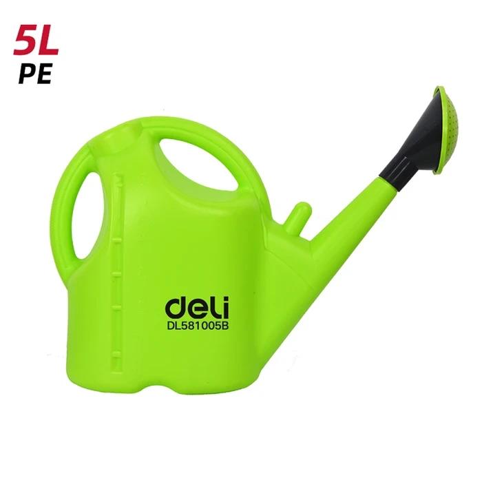 Deli 5L Professional One-Piece Polyethylene Gardening Watering Can | Heavy-Duty 5-Liter Green Water Pot with Removable Spray Head for Uniform Flow | EDL581005B