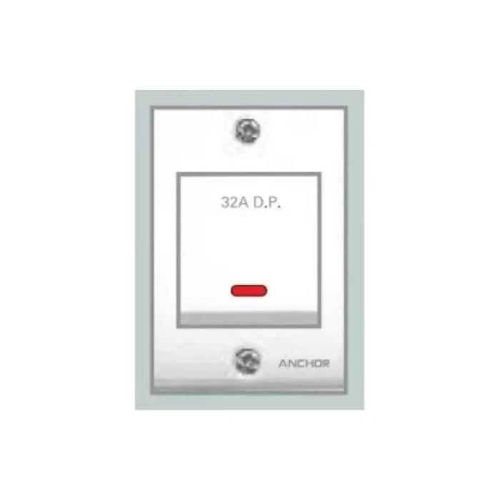 Anchor Penta PC 32A Double Pole (D.P.) Switch 240V with Neon Indicator | 2-Module Spark-Shield & IP20 Concealed-Terminal AC/Geyser Main Switch (White) | 14404