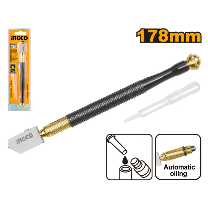 INGCO 178mm Heavy-Duty Iron Body Glass Cutter | Industrial Auto Oil Feed Glazier Scribe with 5000m Extended Cutting Length & 1 Pcs Lubricant Oil Suction Pipe | HGCT03