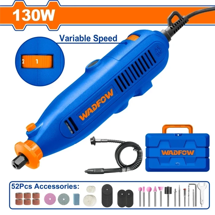 Wadfow 130W Precision Mini Rotary Grinder Machine | 8000-35000RPM Variable Speed Electric Engraving Tool | Flexible Shaft & 52 Pcs Accessories | WRY1D131