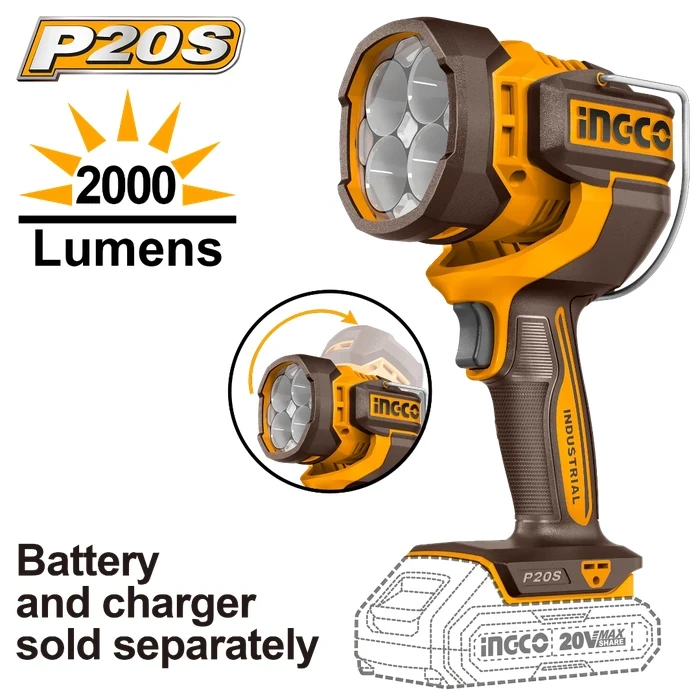 INGCO 20V Cordless LED Work Lamp | 2000 Lumens High-Intensity Portable Jobsite Projector with 130° Swiveling Head and Ergonomic Softgrip Handle | CWLI20885