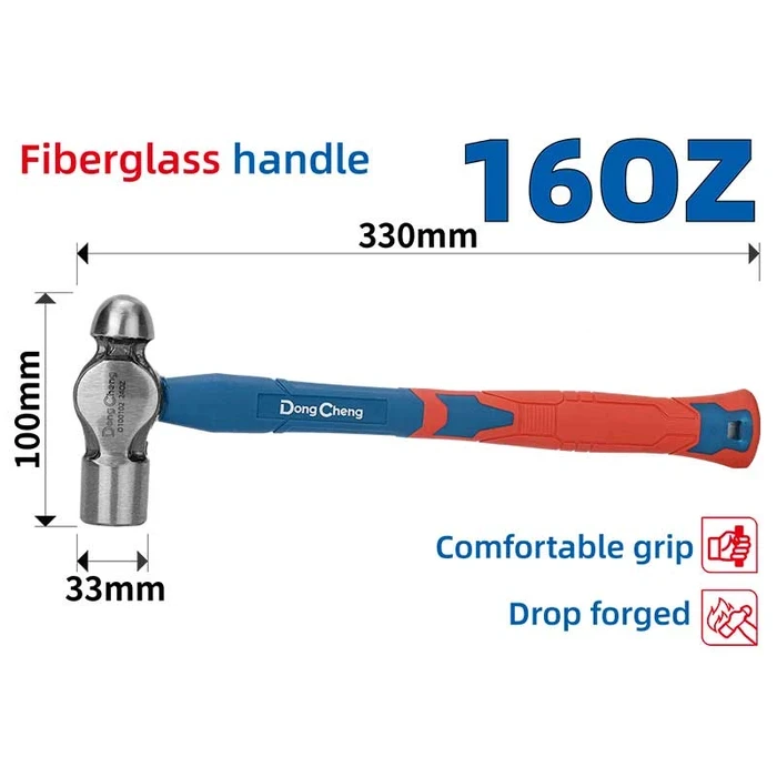 Dongcheng DG 16oz (450g) Professional Ball Pein Hammer | Drop-Forged Heat-Treated 45# Carbon Steel Head with Two-Color Fiberglass Handle | DG Series