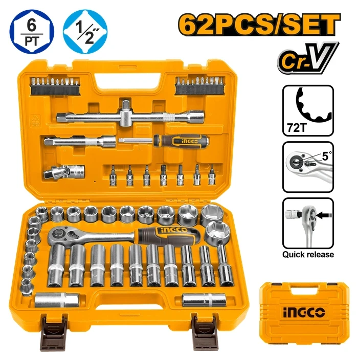INGCO 62 Pcs 1/2" Professional Socket Set | Premium 50BV30 Heat-Treated Cr-V Steel Standard & Deep Sockets Kit | 72T Quick Release Ratchet & Multi-Bit Screwdriver Set | HKTS12602