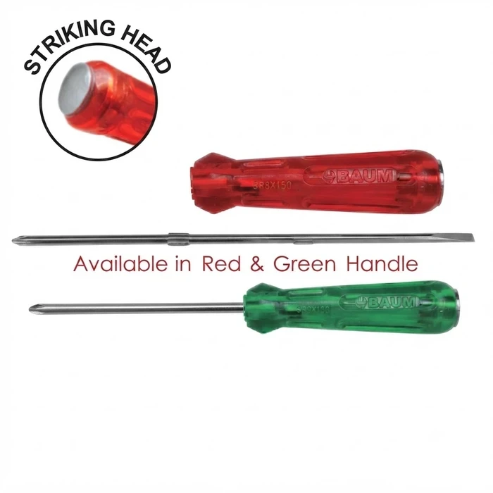 BAUM Heavy-Duty Reversible 2-in-1 Striking Head Screwdriver | Chrome Vanadium Steel Blade with Red Acetate Handle & Magnetic Tips | Model ART 317A (6mm Shank, Sizes 100mm to 250mm)