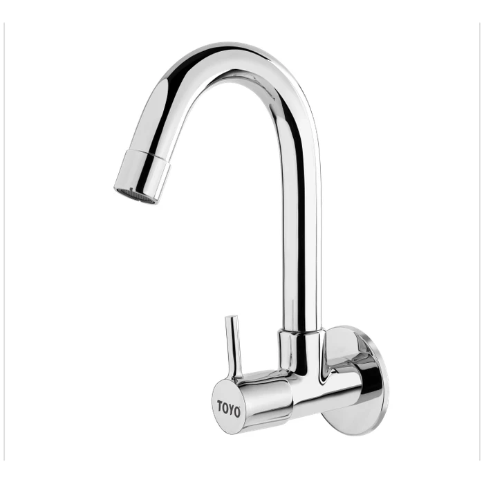 TOYO-RU-51325 Premium Wall Mounted Sink Cock | Solid Brass Kitchen Tap with Regular Swinging Swivel Spout, Operating Handle, and Decorative Wall Flange