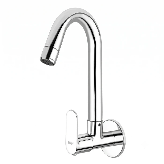 Toyo Wall Mounted Kitchen Sink Cock with Regular Swinging Swivel Spout & Operating Handle | Solid Brass Single Inlet Kitchen Faucet | CO-52125
