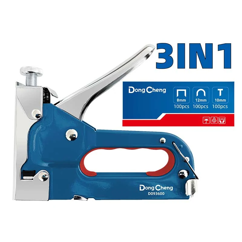 Dongcheng DG 3-in-1 Heavy-Duty Manual Staple Gun | Adjustable Impact Multi-Tacker for Standard, U-Shape Cable Staples & Brad Nails with 300 Fasteners | DG Series